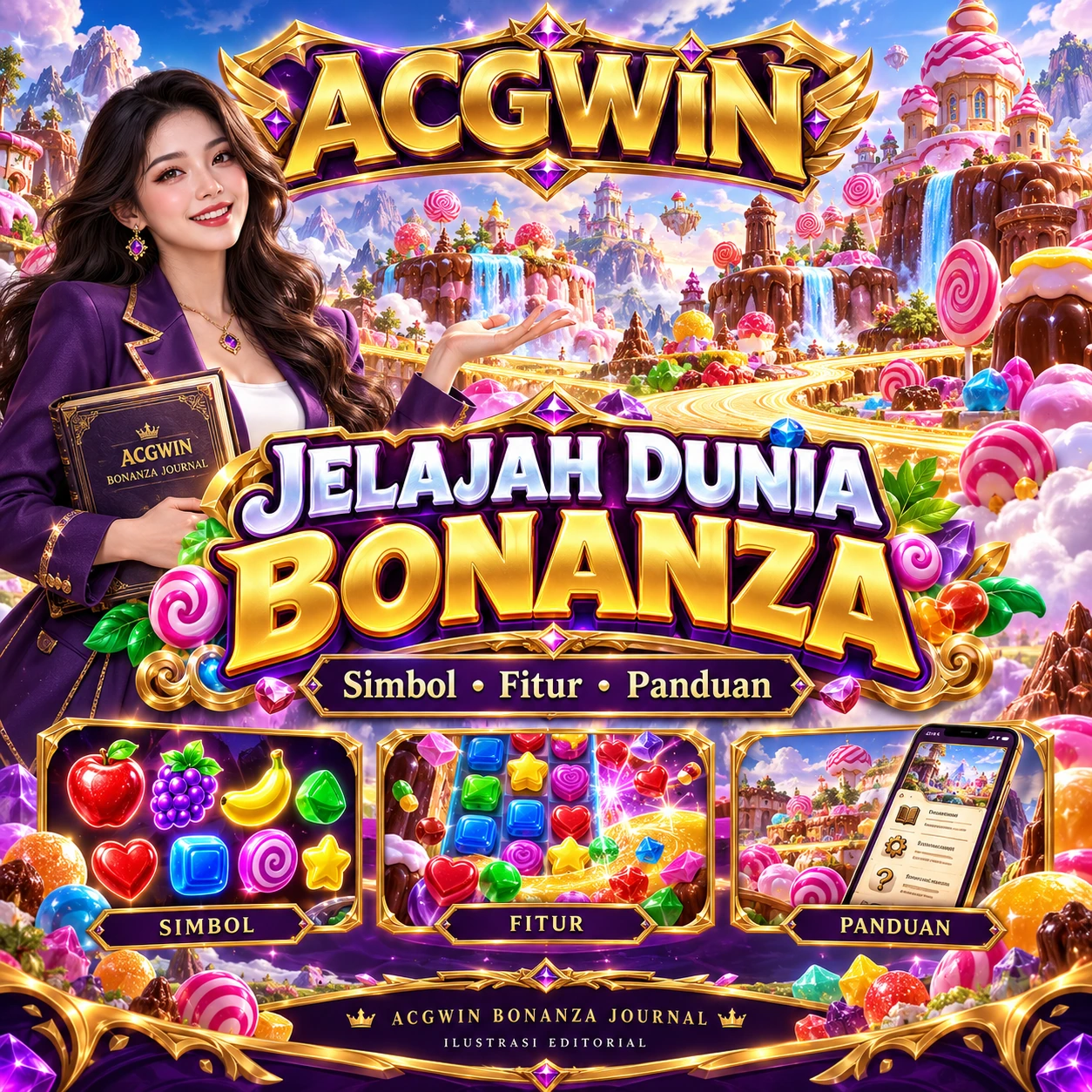 Banner ACGWIN Jelajah Dunia Bonanza dengan negeri permen, simbol, fitur, dan panduan
