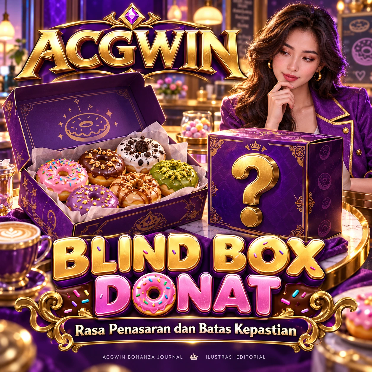 Banner ACGWIN Blind Box Donat dengan kotak misteri, aneka donat, dan tanda tanya