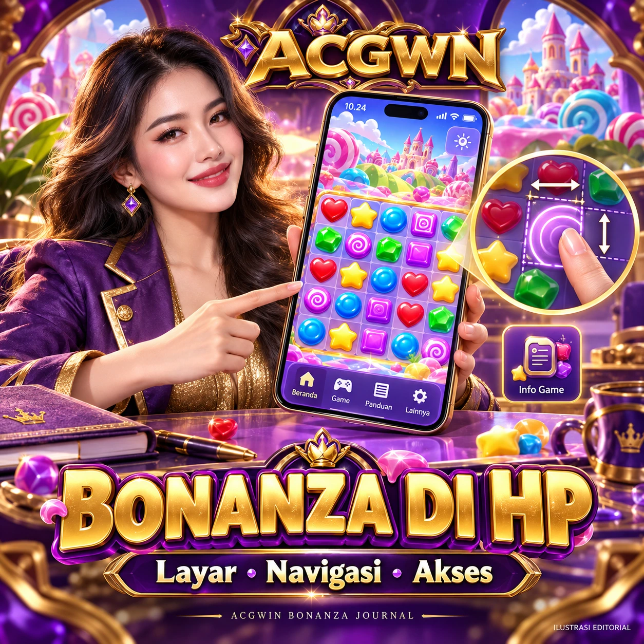 Banner ACGWIN Bonanza di HP yang menampilkan layar ponsel, simbol, dan panduan navigasi