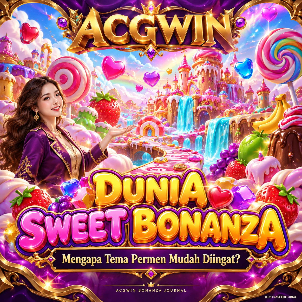 Banner ACGWIN Dunia Sweet Bonanza dengan negeri permen dan simbol buah berwarna cerah