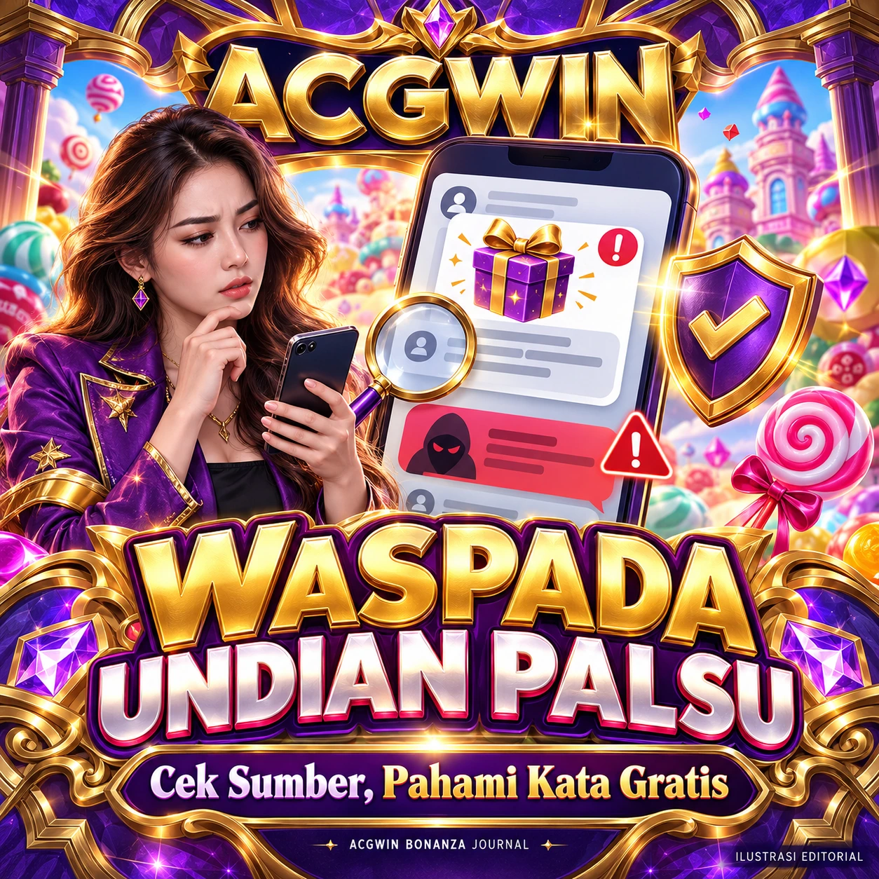 Banner ACGWIN Waspada Undian Palsu dengan pesan mencurigakan, pemeriksaan sumber, dan simbol perlindungan